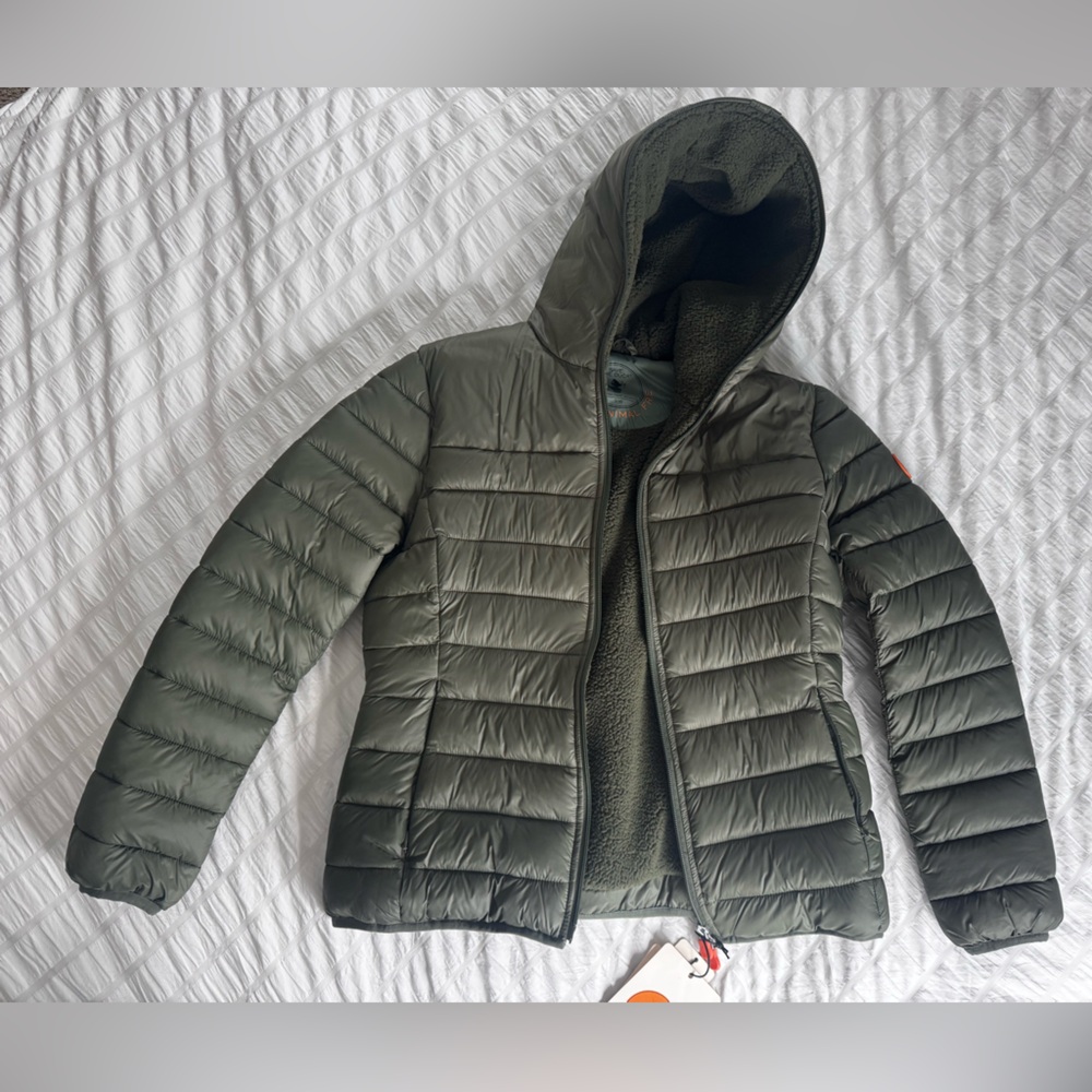 NWT Save The Duck Gwen Hooded Puffer XS Green/ olive Vegan Sherpa Lined gorpcore